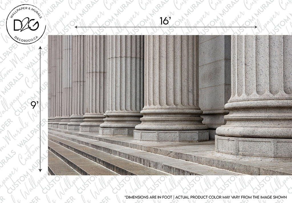 Close-up view of a classic architectural facade with a row of tall, grey stone columns and steps, highlighted in a crisp, high-resolution, black-and-white image featuring the Ancient Pillars Wallpaper Mural from Decor2Go Wallpaper Mural.
