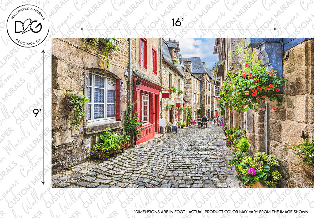 A picturesque cobblestone street lined with traditional stone buildings, embodying classic European architecture, featuring vibrant red and blue doors, window frames, and hanging flower baskets. People are visible walking in the distance.
Antique European Alley Wallpaper Mural by Decor2Go Wallpaper Mural.
