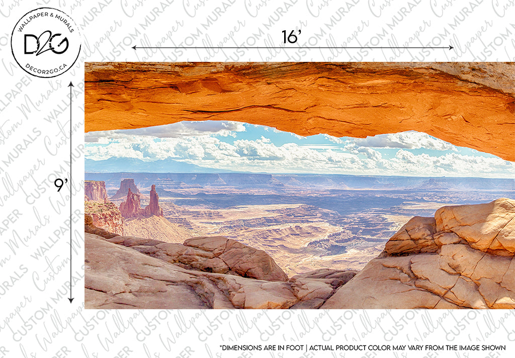 View from under Arch's Horizon Wallpaper Mural, showcasing a vast desert landscape with towering rock formations in the distance under a partly cloudy sky.