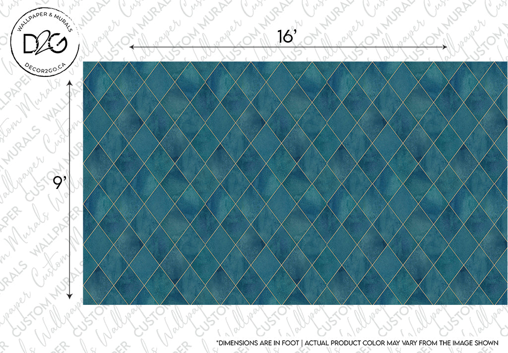 A Decor2Go Wallpaper Mural featuring an Argyle Geometric Watercolor Art pattern in dark teal, with dimensions labeled "16 inches" at the top and "9 inches" on the side, and a disclaimer noting that actual color may vary.