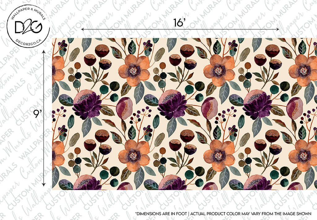 A Decor2Go Wallpaper Mural featuring a floral oil paint wallpaper pattern with burgundy, orange, and beige flowers with green leaves, presented as a sample swatch with size markers at the edges.