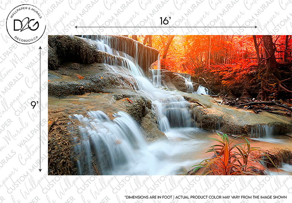 Autumn Waterfall Wallpaper Mural by Decor2Go Wallpaper Mural showing a serene waterfall cascading over rocky steps surrounded by orange and red foliage, with measurements for dimensions superimposed on the image.