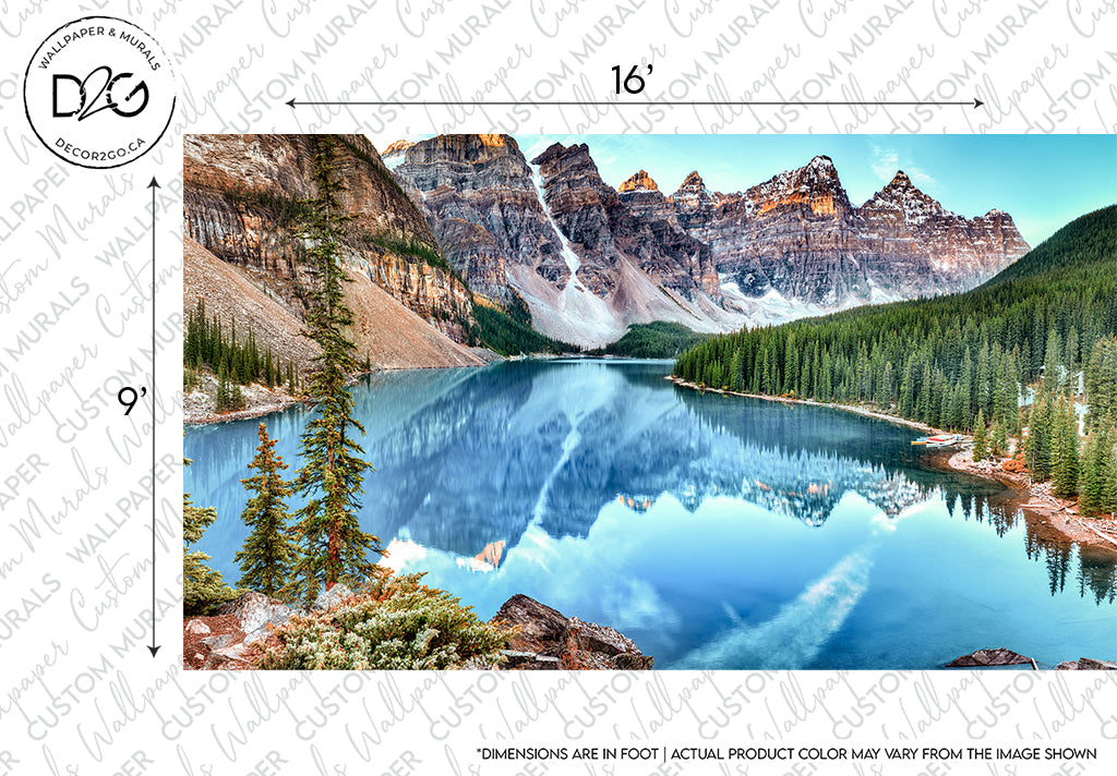 A scenic view of Moraine Lake in Banff National Park, displaying vibrant turquoise waters surrounded by rugged snow-capped mountains and lush evergreen trees, with a clear blue sky overhead. Perfect for a Banff Panorama Wallpaper Mural from Decor2Go Wallpaper Mural.