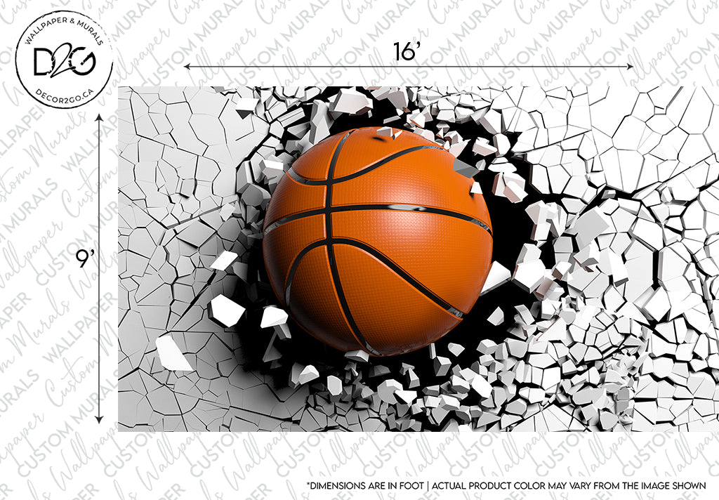 A basketball breaking through a white, shattered tile wall, suggesting powerful impact. The ball is centered, emphasizing its vibrant orange color against the black and white backdrop of a custom Decor2Go Wallpaper Mural.