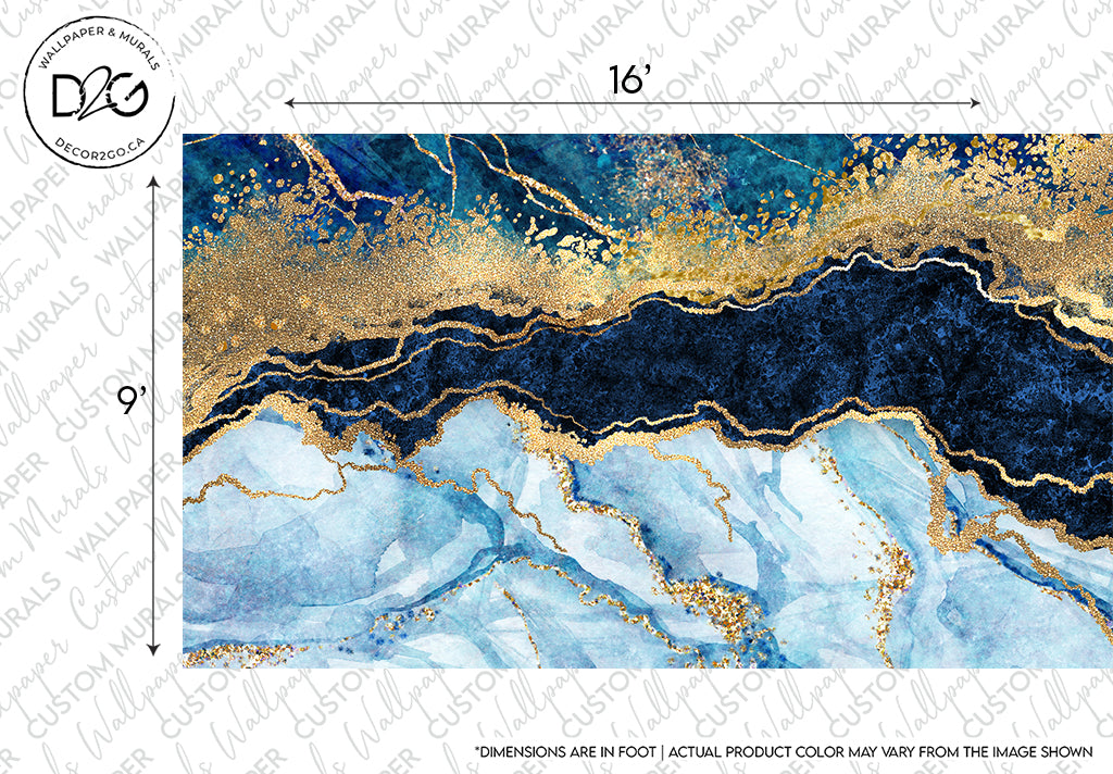 A vibrant abstract art piece with wavy patterns in shades of blue and gold, resembling marbled textures, featuring a luxurious design with a golden and black Decor2Go Wallpaper Mural top left corner logo, and measurements
