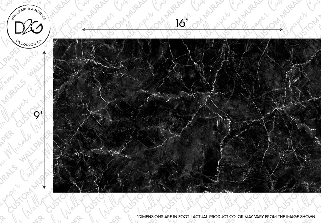 Decor2Go Wallpaper Mural Black Marble Wallpaper Mural with intricate white and gray veins, dimensions marked as 16 by 9 inches on the image. The notation states that actual product color may vary from the image shown.