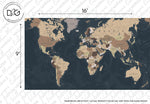 A sophisticated design of the Black and Brown World Map Wallpaper Mural by Decor2Go Wallpaper Mural, showing country names and borders, marked as a 16 by 9-inch print. Text notes that actual product color may vary.