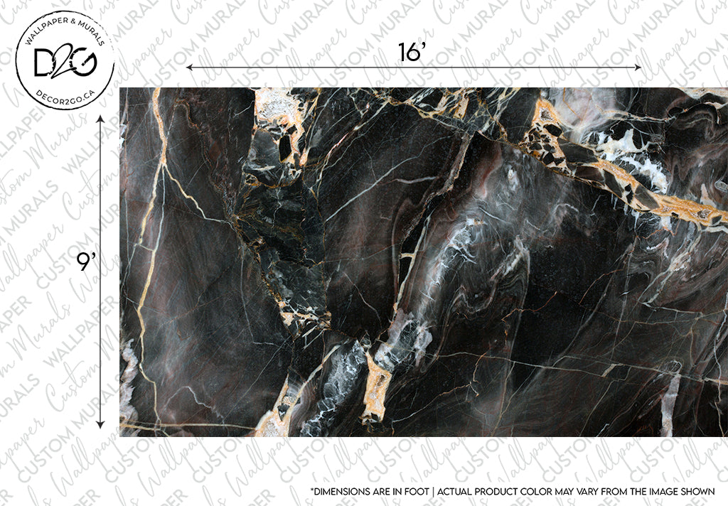 A polished slab of Decor2Go Wallpaper Mural black and gold marble wallpaper mural with intricate white veining, measuring 16 feet by 9 feet. Text notes a disclaimer about potential color variance from the image shown.