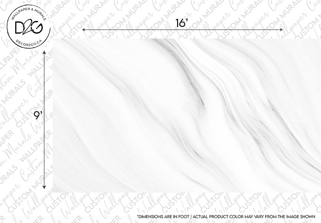 A black and white Cloud 9 Wallpaper Mural from Decor2Go Wallpaper Mural displaying a close-up view of a marble texture with elegant, flowing gray veins. Dimensions of 16 inches by 9 inches are marked on the image.
