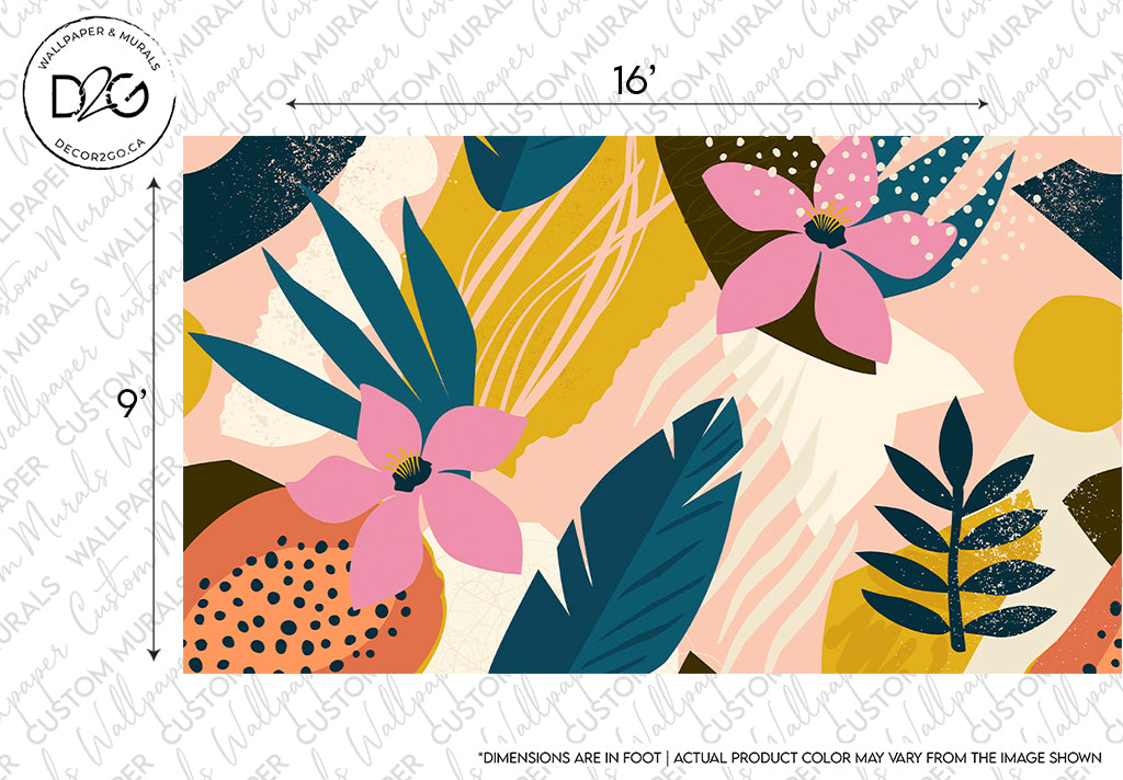 Abstract Collage Contemporary Floral Wallpaper Mural featuring pink flowers and various shapes in muted tones of yellow, pink, and blue, with a textured appearance by Decor2Go Wallpaper Mural.