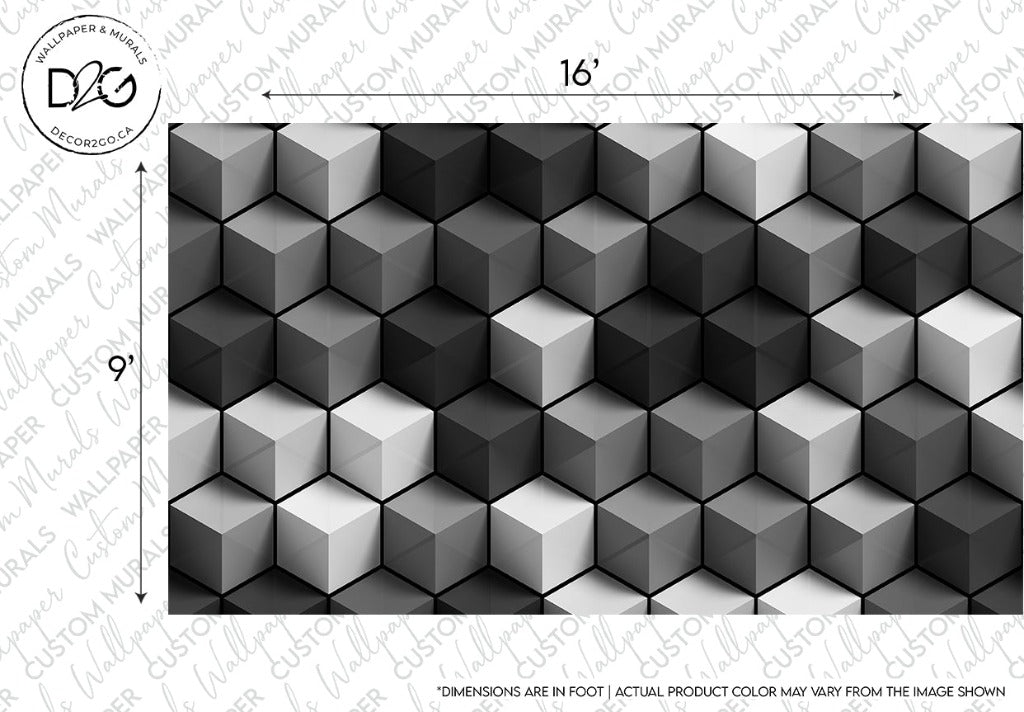 3d illustration of a Cubic Grays Wallpaper Mural from Decor2Go Wallpaper Mural, featuring an array of black, gray, and white cubes in a tessellated pattern, measuring 16 by 99 inches. This is part