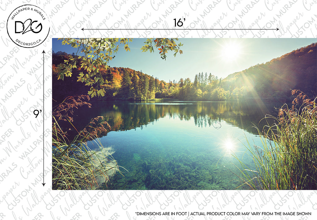 A serene lake surrounded by vibrant autumn foliage reflecting on calm waters under a bright sun, with a clear blue sky above makes for the perfect Decor2Go Wallpaper Mural.