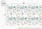 A patterned fabric design featuring dinosaurs, palm trees, waves, and surfboards in a playful, cartoon style on a light background with grid lines for measurement. This interactive dinosaur design encourages educational engagement. - Decor2Go Wallpaper Mural featuring the Dinosaurs Wallpaper Mural