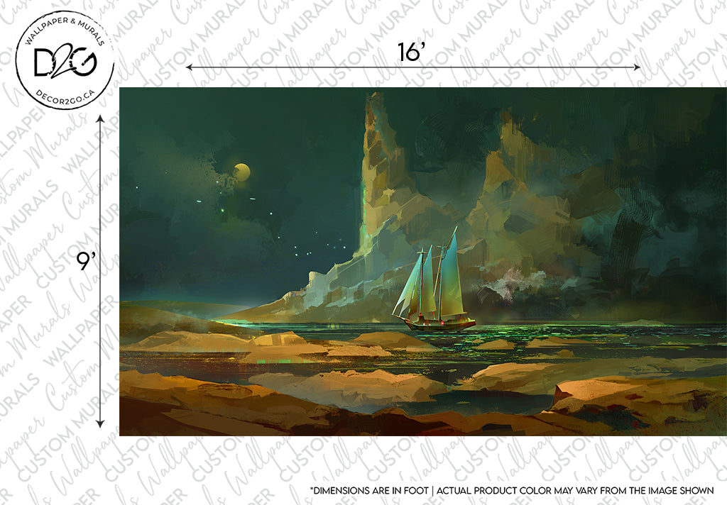 A digital painting of a fantasy landscape featuring towering cliffs illuminated by golden light, with a Decor2Go Wallpaper Mural navigating tranquil green waters under a starry sky.