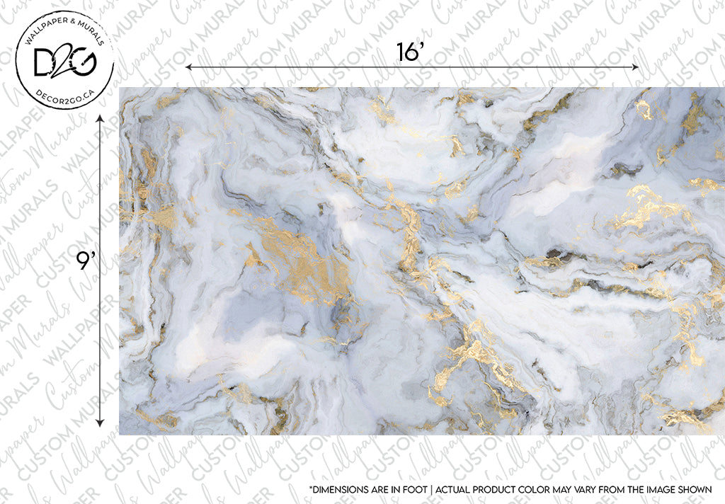 A digital image of a luxurious gray and white marble pattern with swirling veins highlighted by gold accents. The dimensions, 16 by 9 inches, are noted, emphasizing the Decor2Go Wallpaper Mural's Dreamscape Wallpaper Mural.