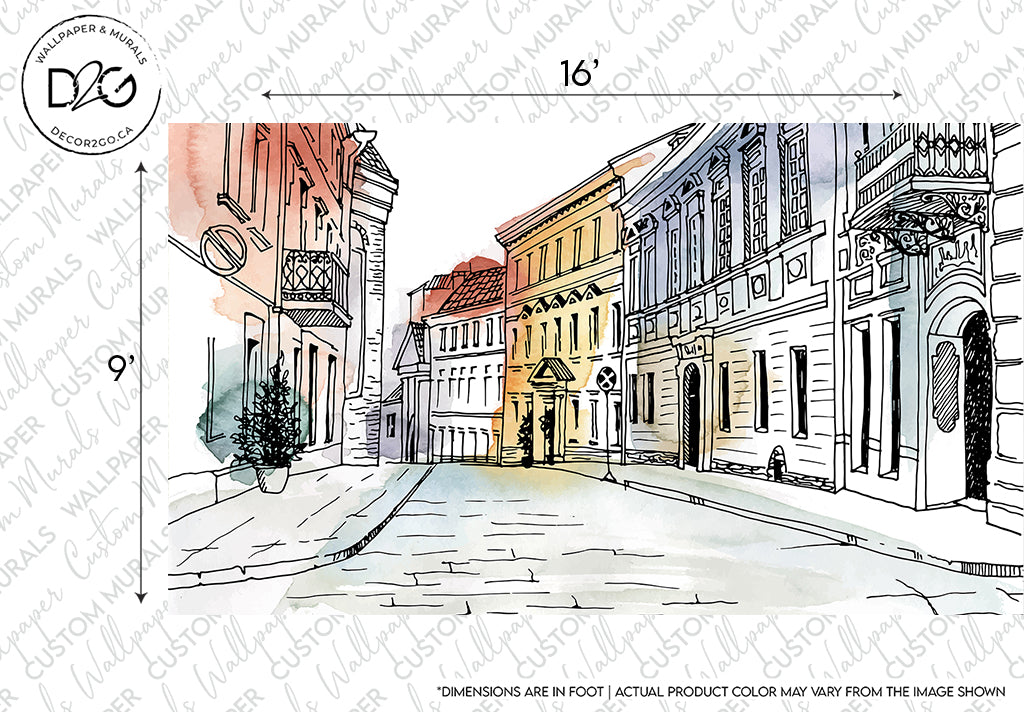A European Alley Watercolor Wallpaper Mural by Decor2Go Wallpaper Mural, featuring a picturesque European alley lined with European-style buildings, a clear sky, and dimensions labeled on the image.