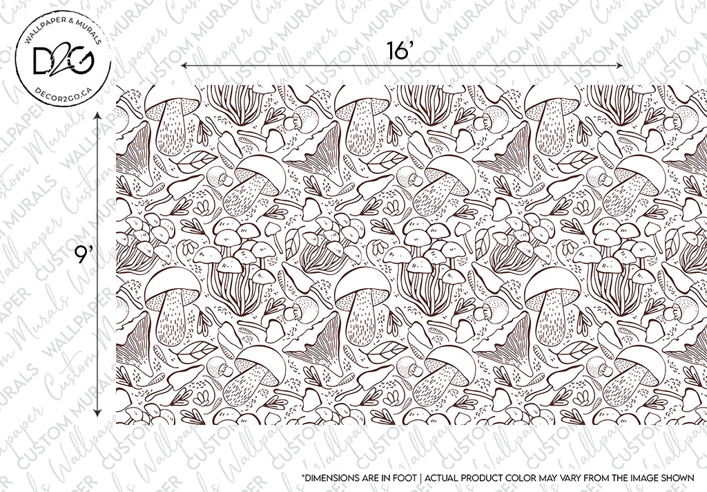 An intricate black and white botanical mural of various types of mushrooms, leaves, and Exotic Plants Sketch in a repeating pattern, spanning a 16" by 9" area. The design includes a Decor2Go Wallpaper Mural logo.