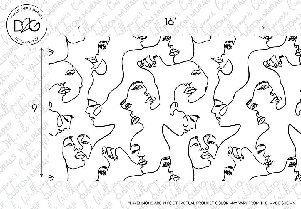 A black and white abstract Familiar Faces Wallpaper Mural featuring a repeated pattern of various stylized faces with different expressions, connected in a continuous, flowing design by Decor2Go Wallpaper Mural.