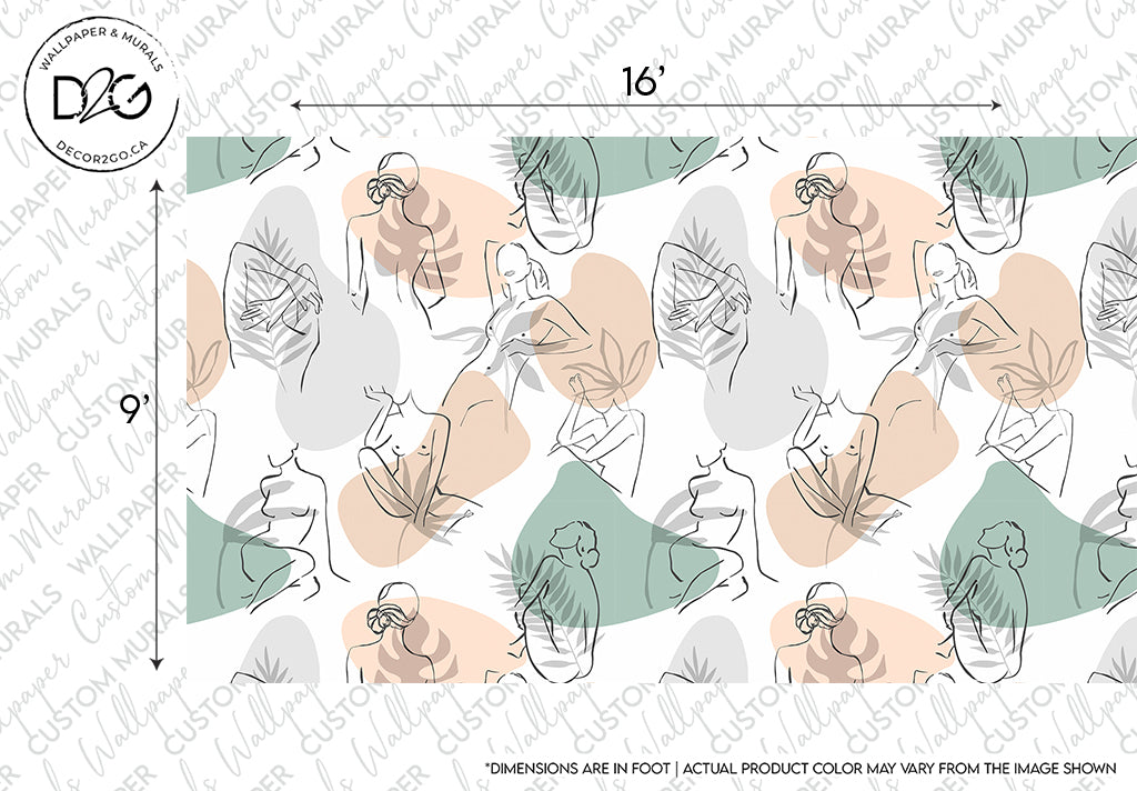 A fabric design featuring an abstract line design with repeated motifs of women's silhouettes, leaves, and geometric shapes in earthy tones. Dimensions are noted on the image, indicating size for potential use with the Decor2Go Wallpaper Mural in Feminine Form.