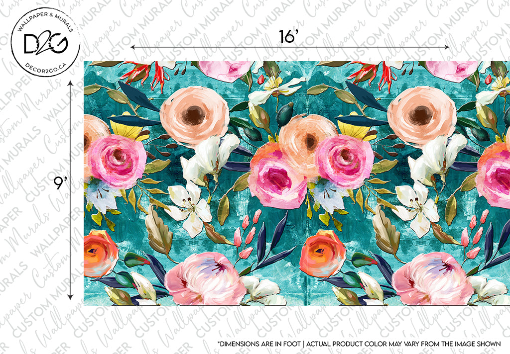 A vibrant Floral Oil Paint wallpaper mural pattern with pink and white roses and teal leaves on a blue backdrop. Watermark text and measurement indicators are visible on the image.