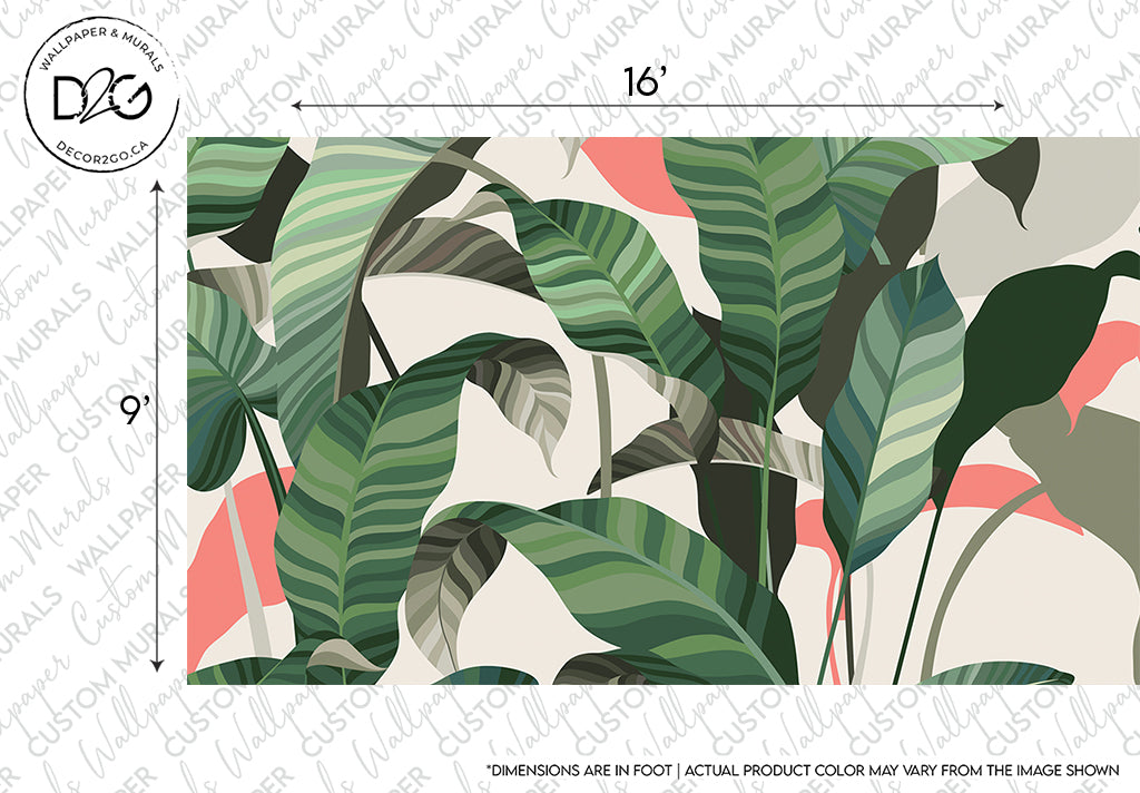 A Colorful Tropical Leaves Wallpaper Mural from Decor2Go Wallpaper Mural featuring a dense pattern of tropical leaves in shades of green, white, and beige. The design includes a watermark at the top left corner and dimensions at the top and left edges.