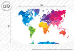 A colorful Decor2Go Wallpaper Mural depicted in a geometric triangular design, with each continent in different colors, dimensions marked on the edges.