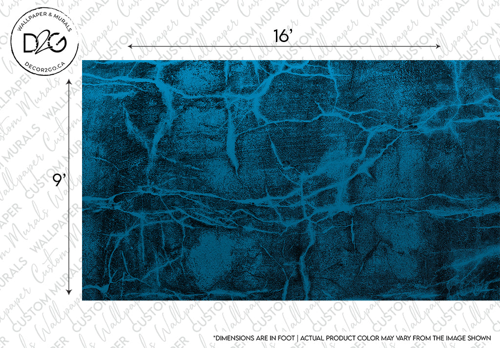 Blue textured "Decor2Go Glacial Frost Wallpaper Mural" featuring a detailed cracked pattern, dimensions marked as 16 inches by 9 inches, with a note indicating color may vary from the image.