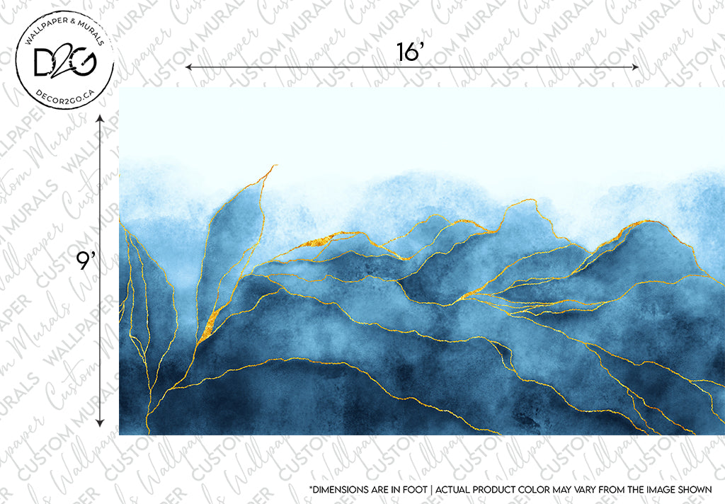 Icy Glacier Wallpaper Mural by Decor2Go Wallpaper Mural, featuring blue watercolor mountain range with gold outlines on a textured background, marked with custom sizing and branding logos at the top left.