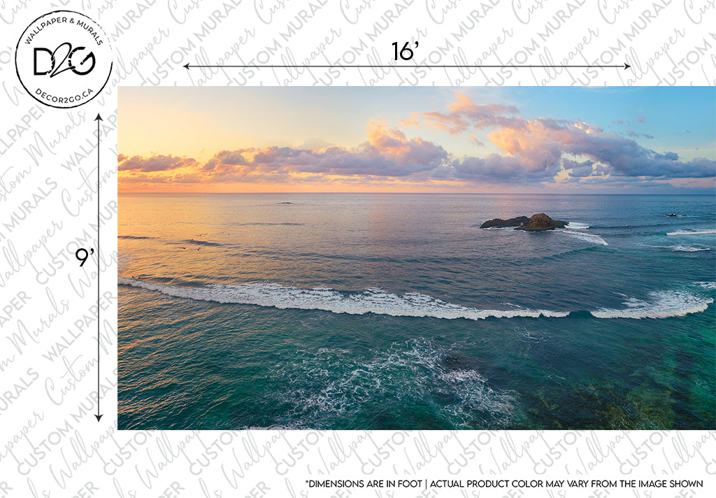 Aerial view of a Great Blue Sea wallpaper mural at sunset, featuring gentle waves and two small islands near the horizon under a soft gradient sky. Dimensions and color notice in the corner. Brand Name: Decor2Go Wallpaper Mural