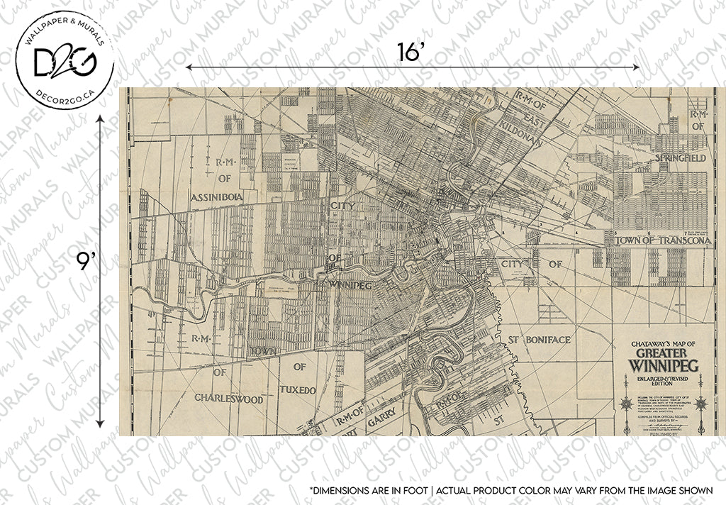 A vintage map of Greater Winnipeg Wallpaper Mural, featuring detailed street layouts, railroad lines, and geographical boundaries marked within a 16 by 9 inch frame, presented in earthy tones from Decor2Go Wallpaper Mural.