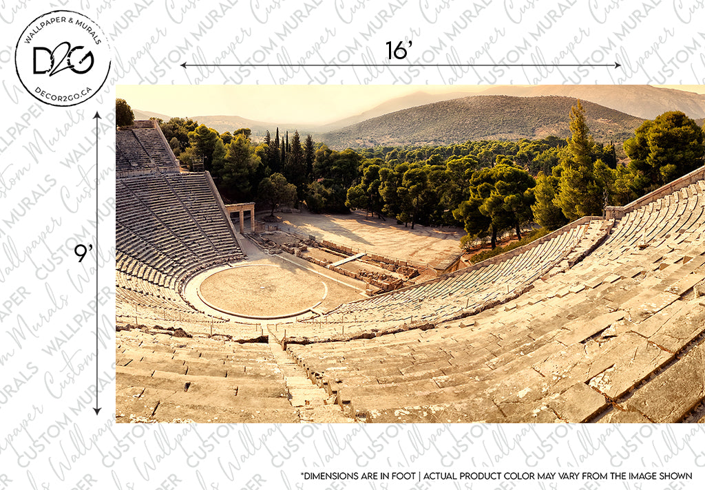 Aerial view of an ancient Greek Epidavros Theater surrounded by lush green forests, with sunlight casting warm hues on the scene. The stone rows of the theater curve around a central stage from Decor2Go Wallpaper Mural.