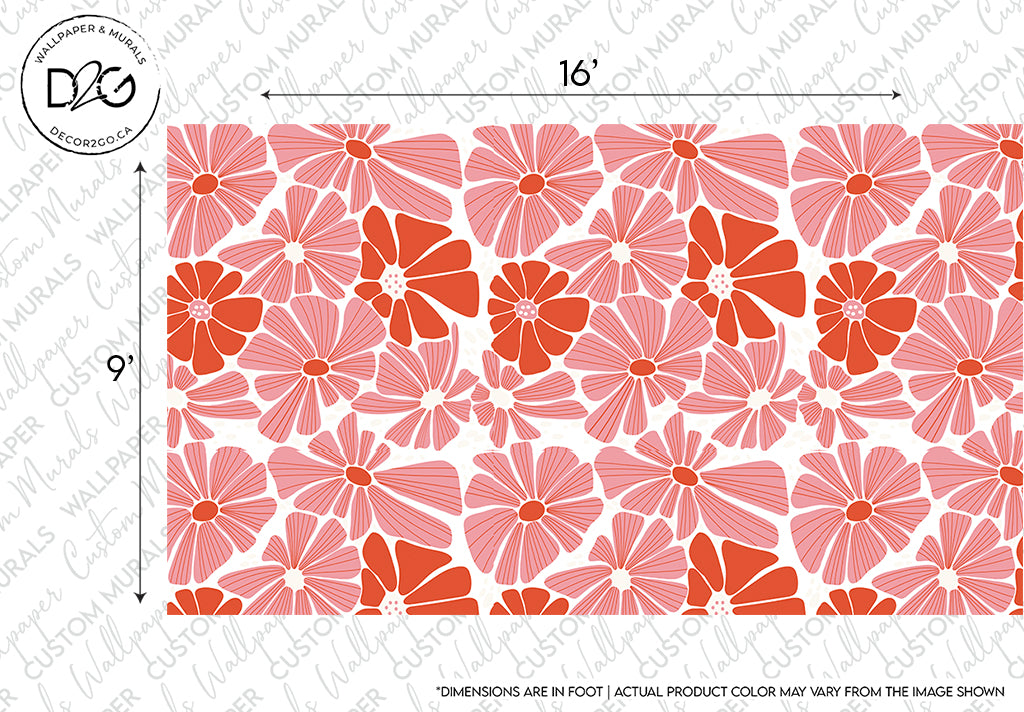 A pattern design image featuring large orange and pink Groovy Daisy Flowers with detailed petals on a white background. Dimensions are marked as 16 by 9 inches in the Groovy Flowers Wallpaper Mural by Decor2Go Wallpaper Mural.