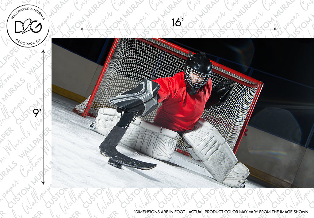 Decor2Go Wallpaper Mural Hockey Goalie Wallpaper Mural, crouched in a net, poised to block a shot. Text indicating "16 inches" and product disclaimer visible on the high-quality image.