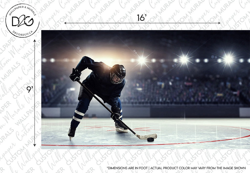 Hockey player on the ice rink wallpaper mural in dark living room or rec room