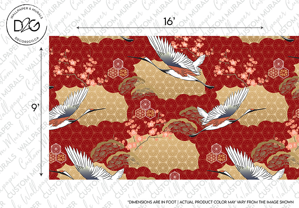 Decor2Go Wallpaper Mural featuring a pattern of flying cranes over a red floral background with gold and white geometric accents. Measures 16 by 9 feet.