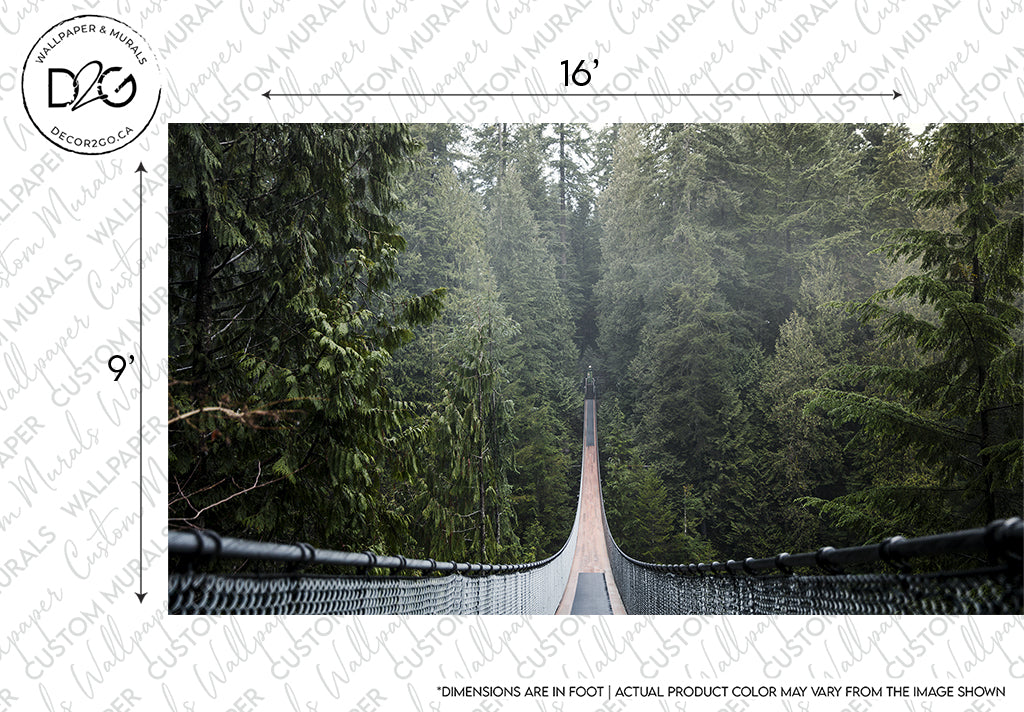 A perspective view of a narrow suspension bridge stretching across a forested canyon, with dense evergreen trees on both sides and a Decor2Go Wallpaper Mural Into the Woods Wallpaper Mural foggy sky above.