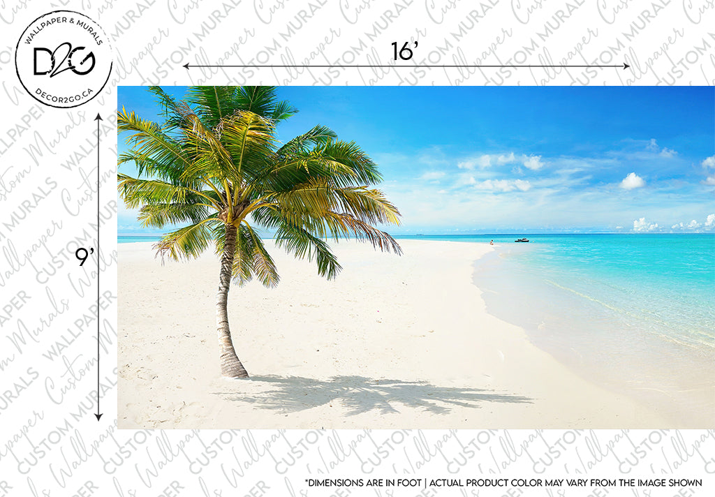 Tropical beach scene with a few palm trees on fine white sand, a clear blue sky, and the calm turquoise ocean with a distant boat are visible. Dimensions marked on the image indicate it's for Island in the Sun Wallpaper Mural by Decor2Go Wallpaper Mural.