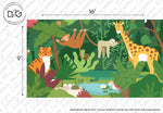 Illustration of exotic wildlife in a jungle setting including a tiger, a sloth hanging from a tree, a llama, and a giraffe, with a pond and vegetation around them. A Jungle Safari Wallpaper Mural by Decor2Go Wallpaper Mural.