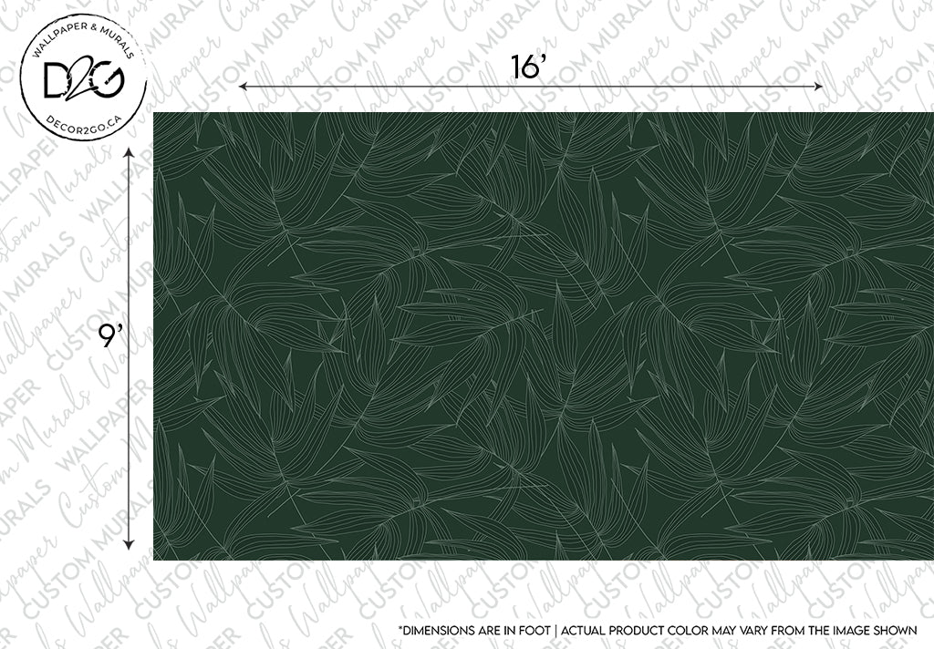 A digital image displaying a sample of Decor2Go Wallpaper Mural with Leaves lines pattern. Dimensions indicated are 16 by 9 inches. A note specifies that actual color may vary from the shown image.