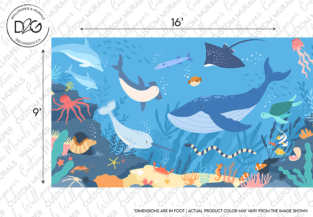 Illustration of various sea creatures including a whale, dolphins, and fish, amidst coral and seaweed on a blue oceanic background, intended as an educational tool with dimensions marked for design context from Decor2Go Wallpaper Mural's Life Underwater Wallpaper Mural.