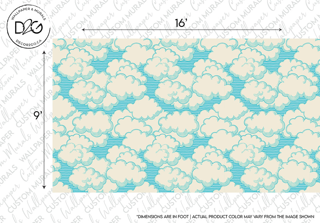 A Living in the Clouds wallpaper design featuring rows of stylized white clouds set against a bright turquoise background, with dimensions and branding detailed on the edges. This tranquil Decor2Go Wallpaper Mural creates a serene home decor atmosphere.