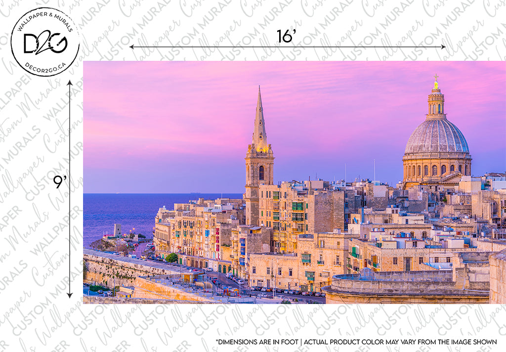A captivating view of Valletta, Malta at sunset with St. Paul's Anglican Cathedral and the Basilica of Our Lady of Mount Carmel visible against a vibrant pink sky is beautifully captured in the Decor2Go Wallpaper Mural "Malta View" design.
