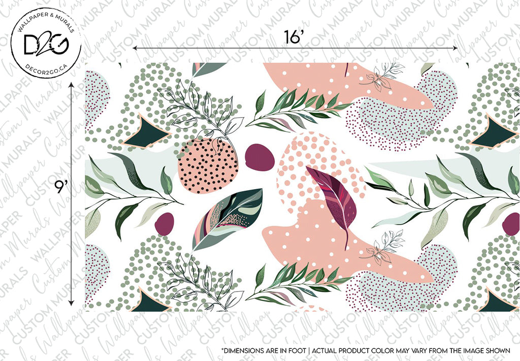 Illustration of a colorful abstract pattern with various organic shapes and botanical elements in shades of pink, green, and black on a white background, designed as a digital drawing with dimension markers indicating the Millenial Collage Wallpaper Mural scale by Decor2Go Wallpaper Mural.