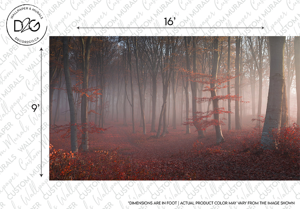 Early morning mist diffuses sunlight through a dense Misty Red Forest Wallpaper Mural, highlighting trees with vibrant red leaves and a carpet of fallen foliage, adding a serene, mystical ambiance from Decor2Go Wallpaper Mural.