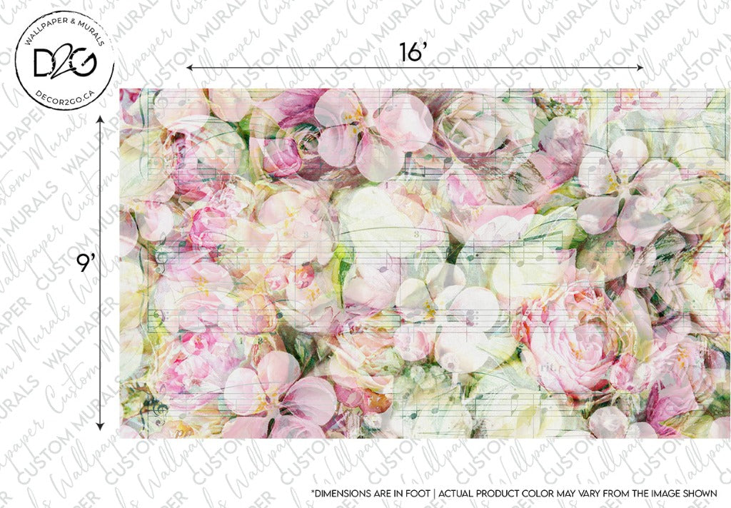 An intricate Musical Roses Wallpaper Mural pattern featuring elegant roses in pastel pink and cream, overlaid on a textured, grid-like background with dimensions marked for reference by Decor2Go Wallpaper Mural.