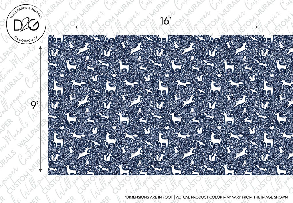 Blue Woodland Animals Wallpaper Mural sample featuring an enchanting, detailed pattern of rabbits among floral motifs, with dimensions marked as 16 inches by 9 inches on the top and side borders.