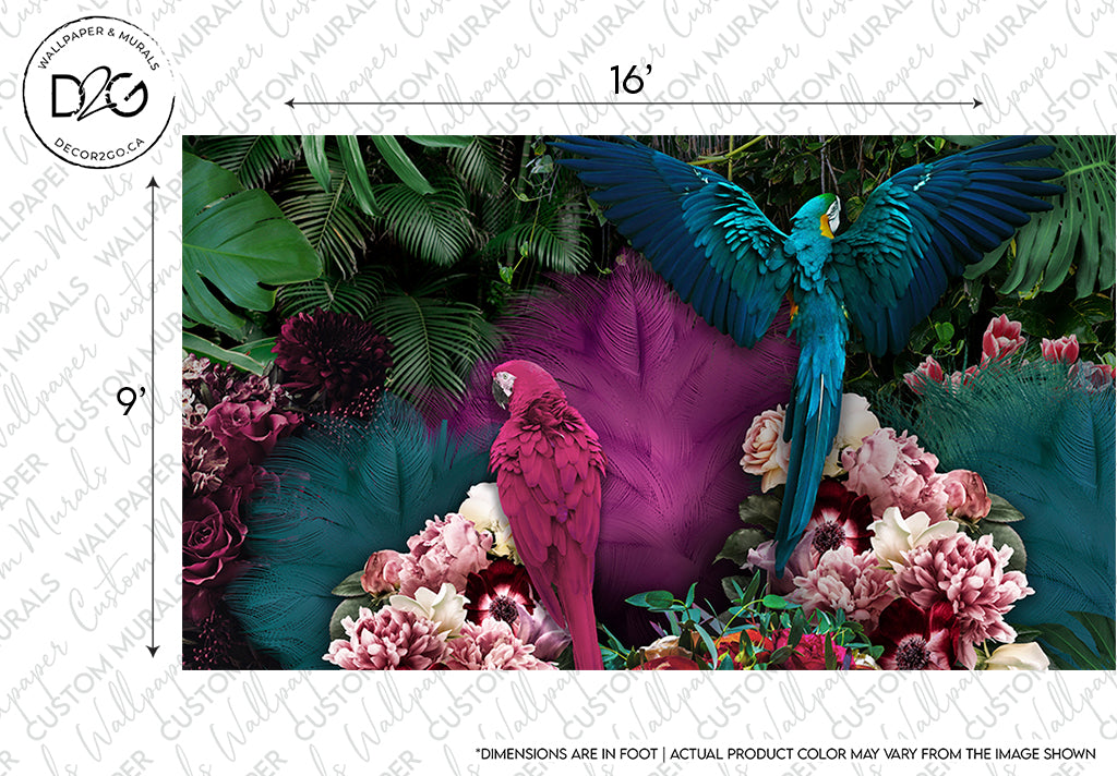 A vibrant Parrot Paradise Wallpaper Mural featuring majestic parrots perched among lush foliage and colorful blooms, with dimensions visible on the frame by Decor2Go Wallpaper Mural.