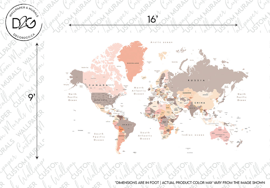 A Peach World Map Wallpaper Mural with pastel shades for different countries, marked with black text for country names. The dimensions, 16x9 inches, are indicated along the edges. Designed by Decor2Go Wallpaper Mural.