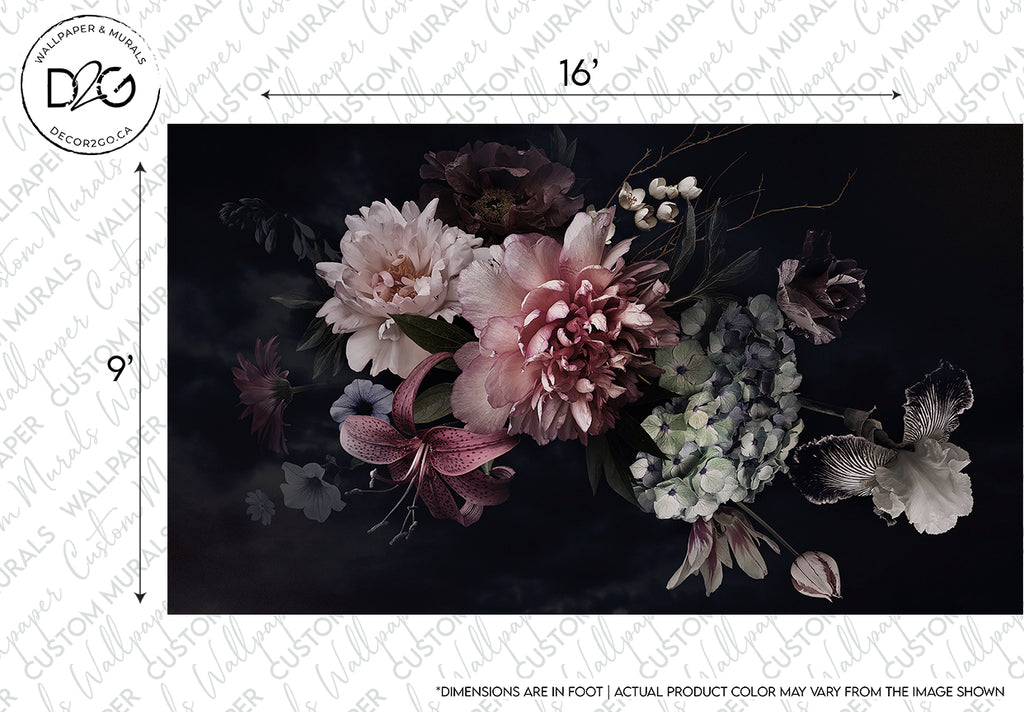 A high-resolution image showcasing the Peonies Over Black Wallpaper Mural by Decor2Go Wallpaper Mural, an assortment of flowers, including peonies and lilies, against a dark background. This elegant wall decor measures 16 inches, as indicated, and notes about color variation are included.
