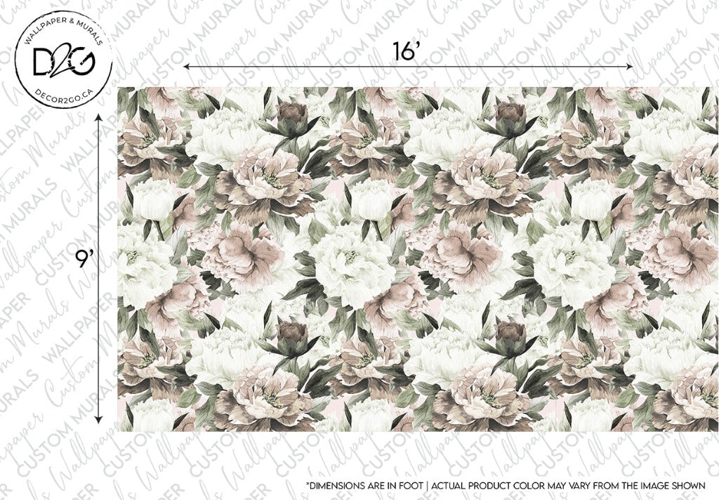A sample image of living space decor featuring a repeating pattern of White and Pink Peonies and Roses with green leaves, with dimensions 16 by 9 feet labeled Decor2Go Wallpaper Mural.